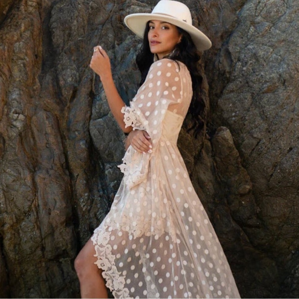 Joyfolie Cream Polka Dot Bell Sleeve Dress sz S - Picture 2 of 5